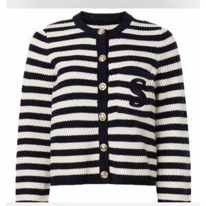 Sandro Paris Striped Breton Cardigan‎ Sweater Jacket Black Ivory SZ 3/M Classic